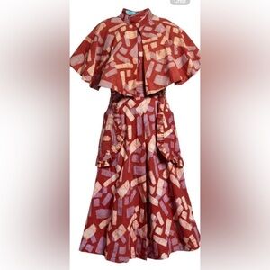 Sika size 2 cape midi dress in Red and Pink Patterned Textile
